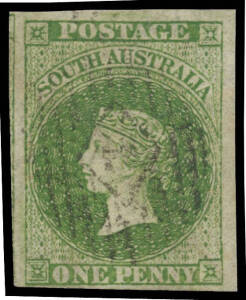 1856-58 Adelaide Printings 1d yellow-green SG 6, margins close - at lower-left - to large with a chunk of the adjoining unit at left, light '1' diamond numeral cancel, Cat £650.