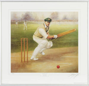 DON BRADMAN, print "Boundary Bound - Sir Donald Bradman" by d'Arcy Doyle, signed by the artist, limited edition 1228/1500, framed & glazed, overall 73x69cm.