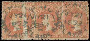 1858-59 First Roulettes 2d red SG 15 horizontal strip of 3, the first unit with a Large Void caused by a Pre-Printing Paper Fold, neat 'PAID/JY21/1859/=ADELAIDE SA=' cds in blue, Cat &pound;66++. A very striking variety: most unusually, the cds at left proves t