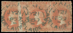 1858-59 First Roulettes 2d red SG 15 horizontal strip of 3, the first unit with a Large Void caused by a Pre-Printing Paper Fold, neat 'PAID/JY21/1859/=ADELAIDE SA=' cds in blue, Cat £66++. A very striking variety: most unusually, the cds at left proves t