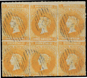 1858-59 First Roulettes 1/- orange SG 18 block of 6 (3x2) apparently from the top of the sheet, light ironed-out crease across the last unit doesn't detract from the very fine facial appearance, some minor reinforcing, light/faint '26' diamond numeral can