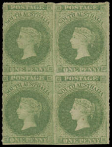 1860-69 Second Roulettes 1d pale sage-green SG 22 block of 4, minor gum-side blemishes, large-part o.g., Cat £420++. [Michael Blake's very fine block of 4 of the 1d bright yellow-green SG 19 - also Cat £420++ - sold for $1610]