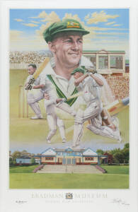 DON BRADMAN, signature on "Don Bradman" print by Brian Clinton, also signed by the artist & numbered 399/1000, published by the Bradman Museum, size 50x77cm. With CoA.
