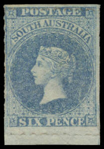 1860-69 Second Roulettes 6d dull blue SG 32 marginal example from the base of the sheet cut from the sheet to preserve the design, unused, Cat £325.