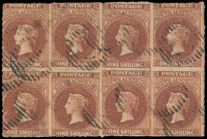 1860-69 Second Roulettes 1/- lake-brown SG 42 block of 8 (4x2), stains on the reverse don't detract from the very fine facial appearance, Cat &pound;96++. A very scarce used multiple. [Harry Lower's block of 6 - one unit with a separation fault - sold for $719]