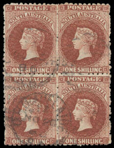 1876-1900 "Broad" Star 6d Prussian blue SG 117 x2 (shades) & 1/- lake-brown SG 127 blocks of 4. Scarce multiples. [All three blocks clearly have "Large" Star Wmk and NOT the "Broad" Star. We have drawn attention in the past to this anomaly in this issue] 