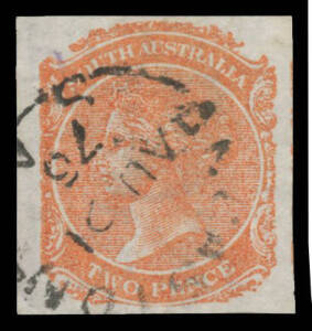 1868-76 De La Rue Wide Crown/SA 2d orange-red apparently Imperforate with good to large margins & a fragment of the adjoining unit at right, minor pre-printing (?) paper crease, 'ANGASTON/AU21/76/SA' cds. Offered "as is".