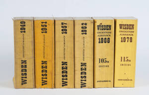 "Wisden Cricketers' Almanack"s for 1949, 1951, 1957, 1962, 1968 & 1978. All with limp yellow covers. Fair/Good condition.