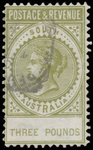 1886-96 'POSTAGE & REVENUE' Perf 10 £3 sage-green SG 202, unusually bright shade, 'REGISTERED/ ADELAIDE' squared-circle cancellation, Cat £650++. Chris Ceremuga Certificate (2015) states "genuine in all respects...Examination using...Video Spectral Compar