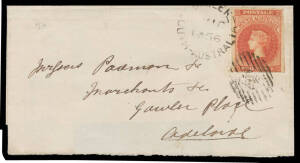 1856 (May 16) large-part outer to Adelaide (b/s) with superb example of London Printings 2d carmine-rose SG 2 tied by fair diamond-numeral '25' & 'GAWLER' cds. Exceptional quality.