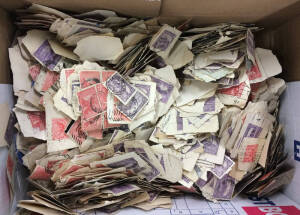 Box of mostly 1d & 2d Pictorials, and some Victoria 1d pinks, mostly on piece. We expect, but can't guarantee, that this hoard is entirely unchecked for varieties or postmarks, making it a potential goldmine for specialists. [See also Lots 590 & 647] (few