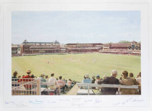 1977 & 1980 CENTENARY TESTS: Cricket prints - "Melbourne Cricket Ground" by Alan Fearnley, signed by the artist and the England 1977 Centenary Test Team [11 signatures including Tony Grieg & Derek Randall], size 75x62cm; plus "England v Australia, Centena