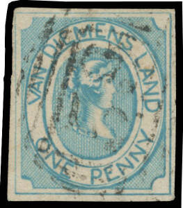 1853 Couriers Medium Soft Yellowish Paper with Engraved Lines Well Defined 1d blue SG 2, good even margins with complete outer framelines, light First Allocation Barred Numeral '59' of Launceston, Cat &pound;1500. Ex VJ Colbeck. Signed "AD" (= Alberto Diena).