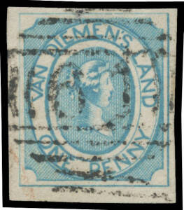 1853 Couriers Medium Soft Yellowish Paper with Engraved Lines Well Defined 1d blue SG 2 [14], margins good to very large with complete outer framelines, First Allocation '61' cancellation of Hobart, Cat £1500+. One of the finest examples of the Penny we h