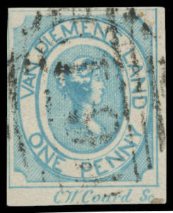 1853 Couriers Medium Soft Yellowish Paper with Engraved Lines Well Defined 1d blue SG 2 [24], margins good to very large with complete outer framelines & 'CH Coard Sc' Imprint, light ironed-out horizontal crease, First Allocation '61' cancellation of Hoba