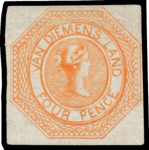 1853 Couriers FOUR PENCE: Plate I with Finely Engraved Lines First State in Brilliant Colours 4d bright red-orange SG 5, margins close to large with complete outer framelines, a couple of minor blemishes & ironed-out crease at the top, unused, Cat £8500. 