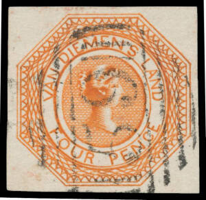 1853 Couriers Plate I with Finely Engraved Lines First State in Brilliant Colours 4d bright brown-orange SG 6 [9], good even margins, very fine First Allocation '59' cancellation of Launceston, Cat £1300. Superb! Ex VJ Colbeck.