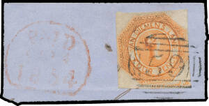 1853 Couriers Plate I Finely Engraved Later Impressions with Blurred Lines 4d orange SG 8 [24], margins good to large with complete 'CH Coard Sc' Imprint, slight oxidisation, tied to piece by superb First Allocation '59' cancellation of Launceston with li