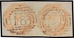 1853 Couriers Plate I Finely Engraved Later Impressions with Blurred Lines 4d pale orange SG 9 horizontal pair, unusually large margins, minor thinning characteristic of this paper, First Allocation BN '18' of Campbell Town, Cat &pound;900+.