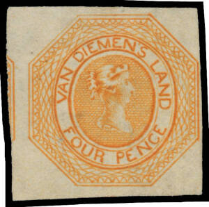 1853 Couriers Plate II with Coarser Engraving 4d orange SG 10, margins close to large with complete outer framelines & a fragment of the adjoining unit at left, minor blemishes, unused, Cat &pound;5500. Ex VJ Colbeck.