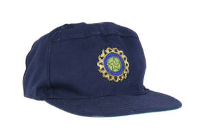 DEVANG GANDHI'S INDIAN CRICKET CAP, baseball-style, navy blue with wire embroidered Indian logo on front, signed inside by Devang Ghandi. G/VG condition. [Devang Ghandi played4 Tests & 3 ODIs 1999-2000].