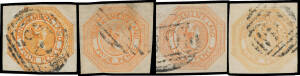 1853 Couriers Plate II with Coarser Engraving 4d shades, four examples with full margins & complete outer framelines, a few trivial imperfections, Cat &pound;1500 minimum. Ex VJ Colbeck.