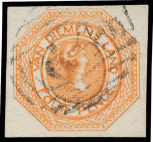 1853 Couriers Plate II with Coarser Engraving 4d orange SG 10 [9], margins good to large, First Allocation '64' cancellation of Hobart, Cat &pound;425. Superb! Ex VJ Colbeck.