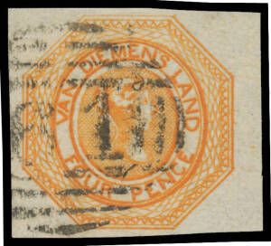 1853 Couriers Plate II with Coarser Engraving 4d orange SG 10 [18] from the right of the sheet with margins good to huge, First Allocation '61' cancellation of Hobart, Cat &pound;425. Superb! Ex VJ Colbeck.
