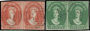1855 London Printings with Large Star Wmk 1d carmine SG 14 & 2d green SG 16 horizontal pairs, both with the left-hand units a little cut-into & the right-hand units with close to good margins, First Allocation cancellations '60' of Hobart or '53' of Richm