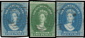 1855 London Printings with Large Star Wmk 2d green SG 16 & 4d blue SG 18 x2 shades, margins good to large & each with a fragment of an adjoining unit, Cat &pound;710. A superb trio. Ex VJ Colbeck.