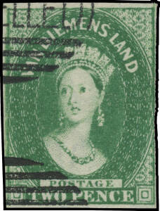 1855 London Printings with Large Star Wmk 2d green SG 16 with two portions of the 'CANCELLED' handstamp applied by Perkins Bacon, margins close to good except where just touched at mid-right, Cat £13,000. Ex EW Mann and VJ Colbeck. This is a very rare exa