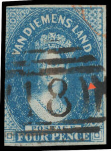 1855 London Printings with Large Star Wmk 4d blue SG 18 with small triangular "convict puncture", three good to large margins, very fine First Allocation '18' of Campbell Town. Ex VJ Colbeck: the puncture stated by him to be "Unique on this issue".