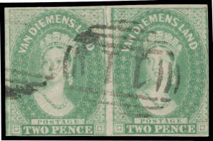1856-57 No Watermark 2d dull emerald-green SG 20 horizontal pair, margins just clear - at right - to large, 10mm scissor-cut between the units at the top, neat First Allocation '11' cancellation of Avoca, Cat &pound;1900+. A rare multiple. Ex VJ Colbeck.