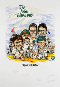 CRICKET PRINTS: Collection of 13 prints, including 7 signed with 13 signatures, noted&nbsp;"Lords" by Alan Fearnley signed by Denis Compton; "Geoff Boycott, Yorkshire and England" signed by Boycott; "I.T.Botham, Somerset and England" signed by Ian Botham. (13 