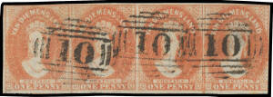 1857-67 Double-Lined Numerals 1d deep red-brown SG 25, 1d pale red-brown SG 26 and carmine SG 29 x2 - one with inferior impressions - horizontal strips of 4, shaved/a little cut-into at places but many units are very fine with full margins, numeral cancel