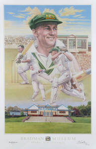 DON BRADMAN, signature on "Don Bradman" print by Brian Clinton, also signed by the artist & numbered 158/1000, published by the Bradman Museum, size 50x77cm. With CoA.