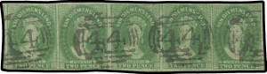 1857-67 Double-Lined Numerals 2d green SG 31 horizontal strip of 4, margins close to large with fragments of the adjoining units at left & right, fine First Allocation Barred Numeral '44' cancels of New Norfolk, Cat £240++ (as singles). A rare & remarkabl