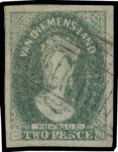 1857-67 Double-Lined Numerals 2d grey-green SG 34, large even margins with traces of the units above & at left, light bars cancel of Hobart, Cat &pound;85. Superb!
