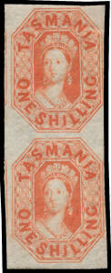 1858 'TASMANIA' London Printings 1/- bright vermilion SG 41 vertical pair, margins just clear to large with fragments of both adjoining units at left, large-part o.g., Cat £1600+. Ex VJ Colbeck.