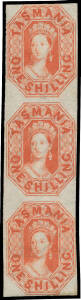 1858 'TASMANIA' London Printings 1/- bright vermilion SG 41 vertical strip of 3, margins just touching - at the top - to close, minor stain at the base, large-part o.g. & the central unit may be unmounted, Cat £2400+. A rare multiple. Ex VJ Colbeck.