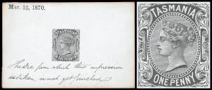 1870 De La Rue Sidefaces 1d die proof in black on glazed card (93x61mm) with 'Mar 16 1870' handstamp at upper-left & endorsed "The Die from which this impression is taken, is not yet finished", very minor burnishing at the edges, unusually with an onion-s
