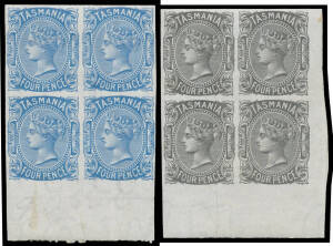 1870 De La Rue Sidefaces imperforate plate proof marginal blocks of 4 on gummed Crown/CC paper comprising 2d in green with Plate Number '2', 4d in black & in blue, and 10d in deep violet with Plate Number '4', large-part o.g. Ex VJ Colbeck. (4 blocks)