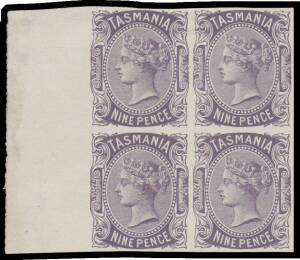 1870 De La Rue Sidefaces 9d imperforate plate proof marginal blocks of 4 in black & in slate-violet on ungummed unwatermarked paper. Rare. Ex VJ Colbeck. (2 blocks)