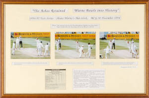 SHANE WARNE "HAT TRICK", display comprising three action photographs, window mounted with captions, framed & glazed, overall 67x44cm.