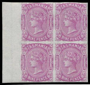 1870 De La Rue Sidefaces 9d imperforate plate proof marginal blocks of 4 on gummed Crown/CC paper in orange-buff & in bright orange (with Current Number '50'), in bright purple & in bright violet (with Current Number '50'‹), large-part o.g. Ex VJ Colbeck.