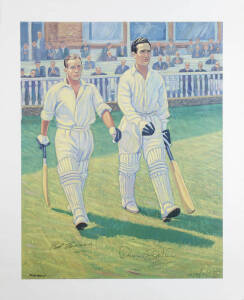 CRICKET PRINTS: Collection of 12 prints, including 8 signed with 41 signatures, noted&nbsp;"Sir Garfield Sobers" by Richie Ryall signe by Sobers; "Gary Kirsten 210" signed by 1998 South Africa team; "Caught Marsh, Bowled Lillee" signed by both. (12 items).