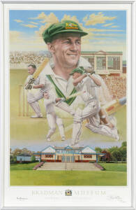 DON BRADMAN, signature on "Don Bradman" print by Brian Clinton, also signed by the artist & numbered 713/1000, published by the Bradman Museum, framed & glazed, overall 51x78cm.