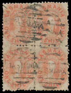 1871-91 Perforated by the Post Office 1/- orange-red SG 141 block of 4, untidy Hobart duplex cancels, a bit aged, Cat £260+. Scarce multiple.