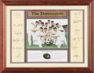 1999-2000 Australian Team, "The Dominators" display comprising team photograph and 12 signatures including Steve Waugh, Shane Warne, Mark Waugh & Glenn McGrath; limited edition 624/1500, window mounted, framed & glazed, overall 61x48cm.