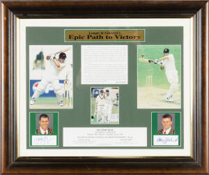 "Langer & Gilchrist's Epic Path to Victory", display celebrating the match wiining 238 run partnership in the 2nd Test v Pakistan in 1999, with signatures of Justin Langer & Adam Gilchrist, window mounted with action photos, limited edition 141/500, frame